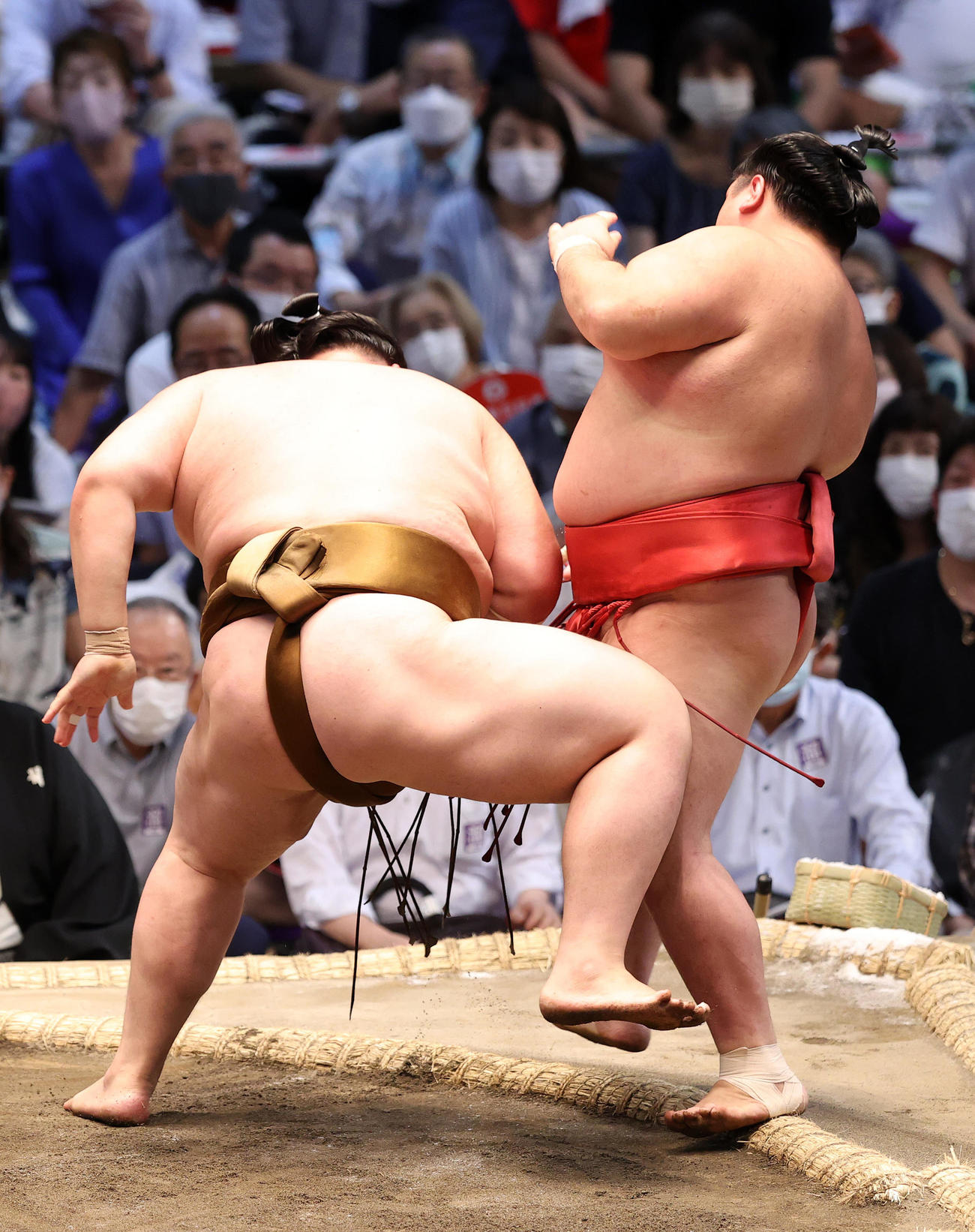 阿武咲（右）を押し出しで破る王鵬（撮影・鈴木正人）