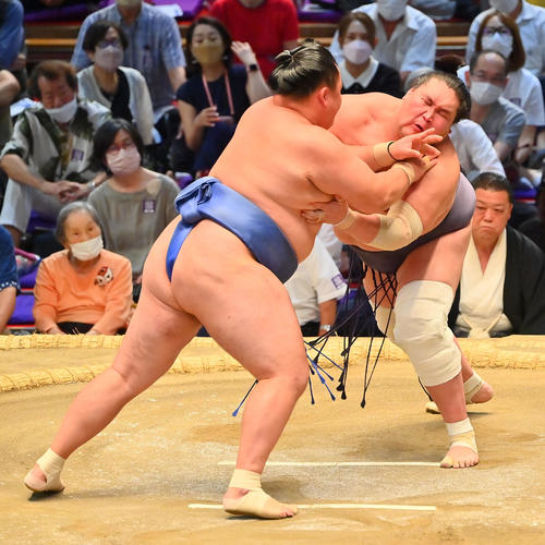 照ノ富士(右)は突き落としで玉龍を破る(撮影・和賀正仁)