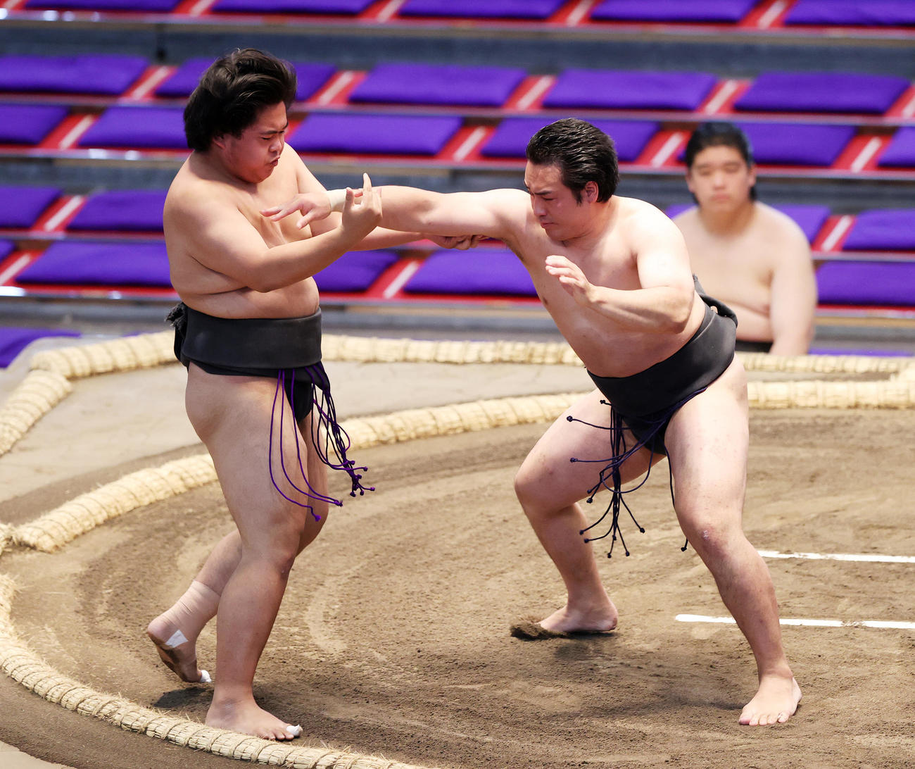 錦織（左）を押し出しで破る須山（撮影・鈴木正人）