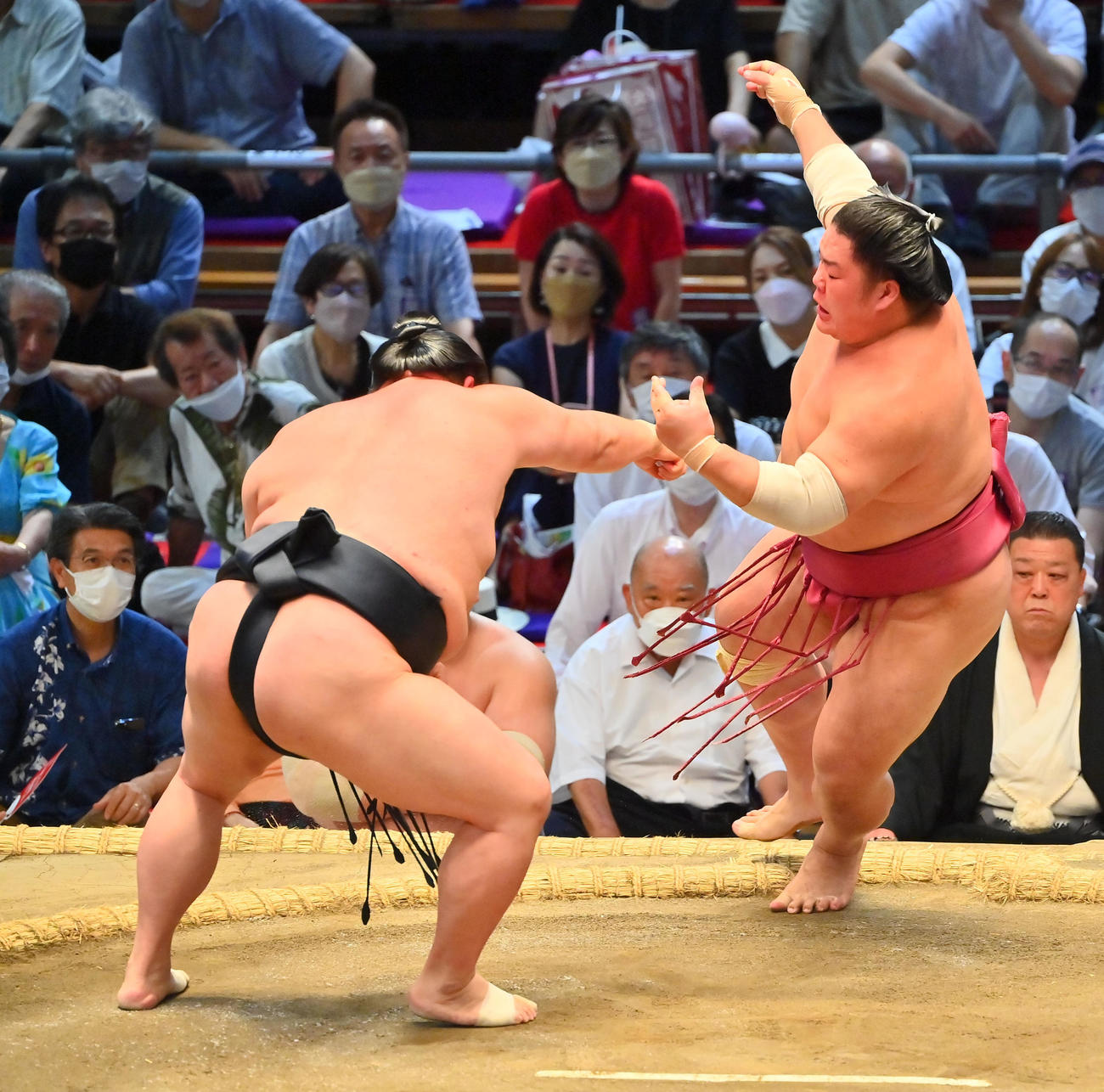 大栄翔（右）を押し出しで破る正代（撮影・和賀正仁）