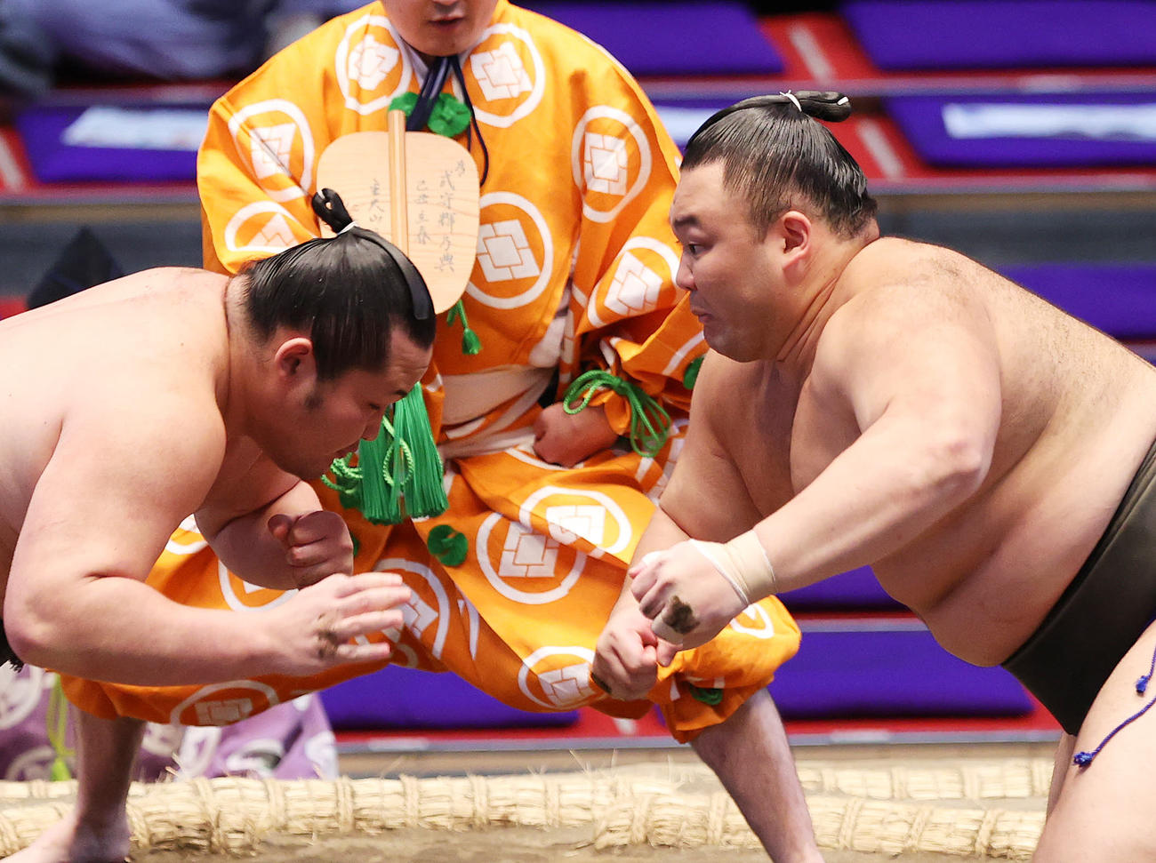 和歌桜（左）に鋭い立ち合いで攻める朝乃山（撮影・鈴木正人）