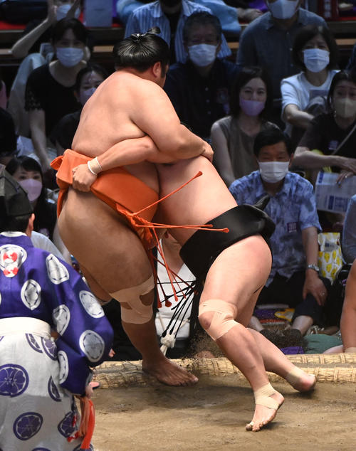 志摩ノ海を寄り切りで破る照強（右）（撮影・森本幸一）