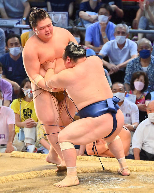 王鵬（左）を寄り切りで破る宝富士（撮影・和賀正仁）