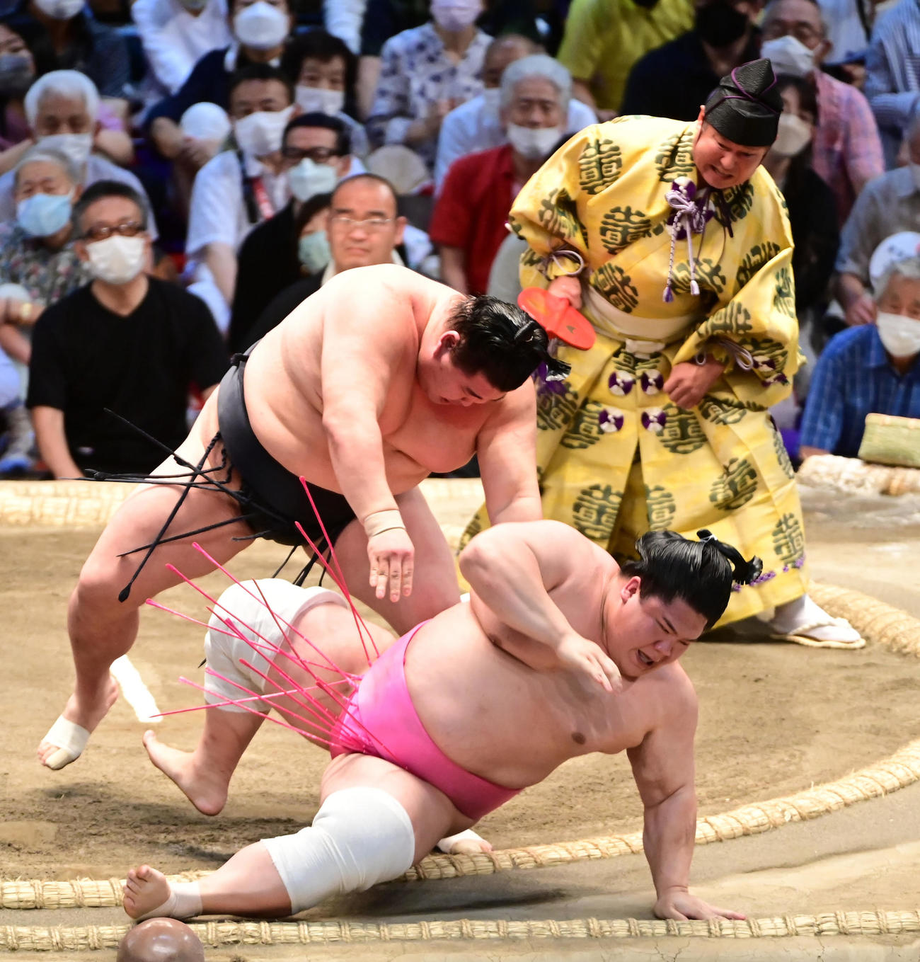 正代は宇良（右）を寄り倒しで破る（撮影・小沢裕）