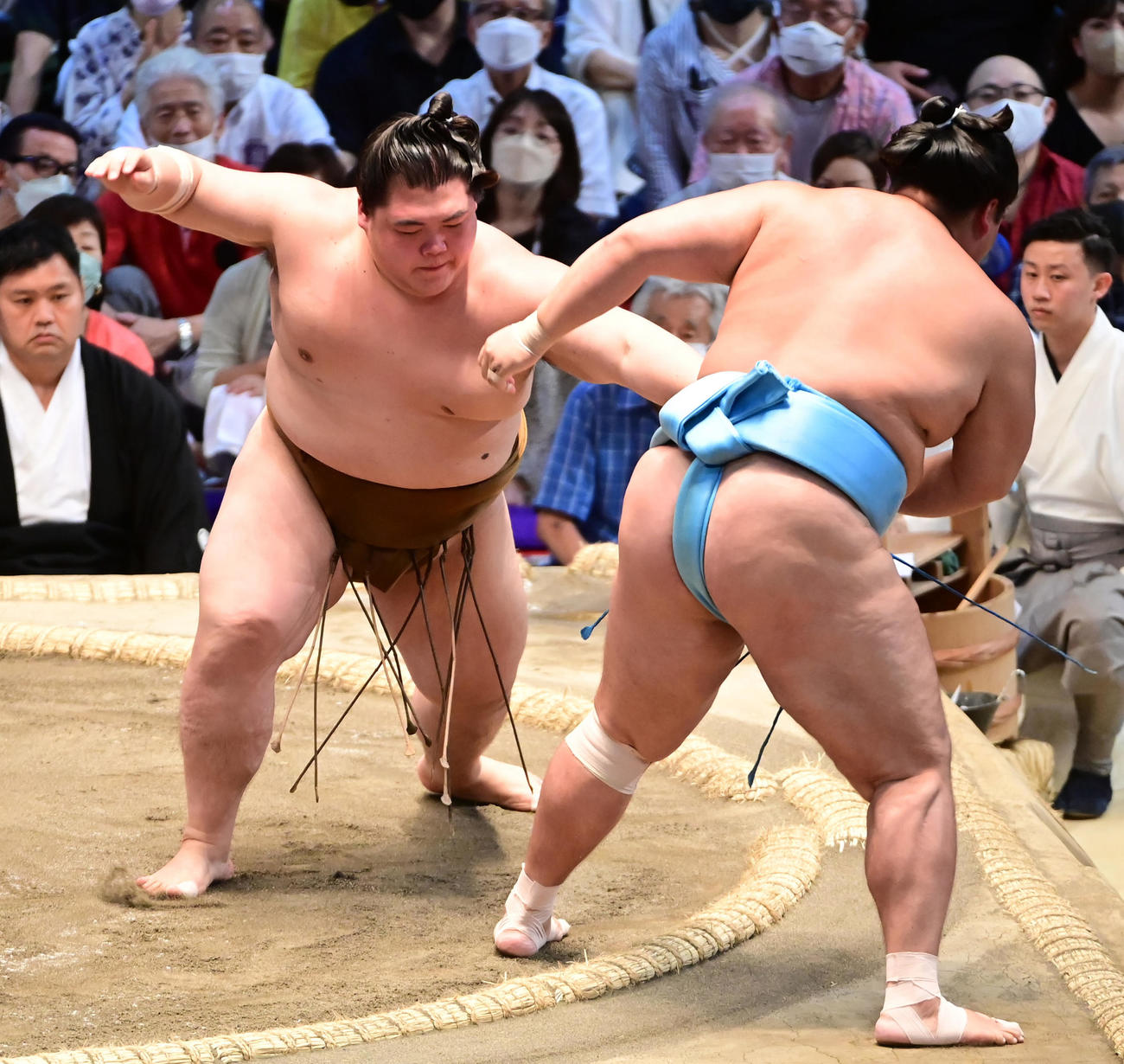 王鵬（左）は琴勝峰を押し出しで破る（撮影・小沢裕）
