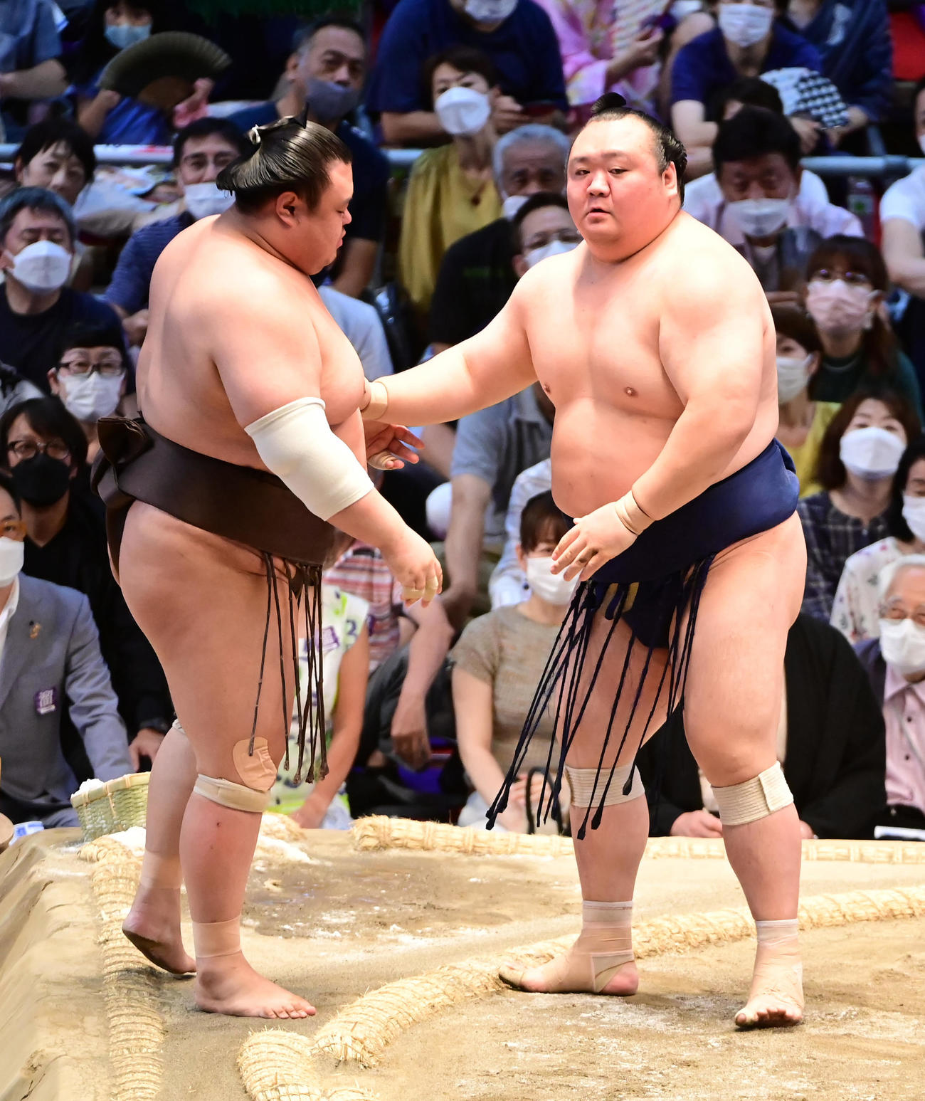 宝富士（右）は英乃海を押し出しで破る（撮影・小沢裕）