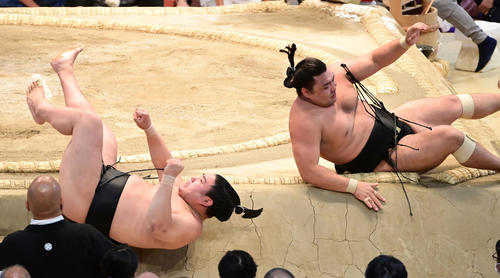 互いに投げを打ち土俵に落ちる若元春（左）と霧馬山（撮影・小沢裕）