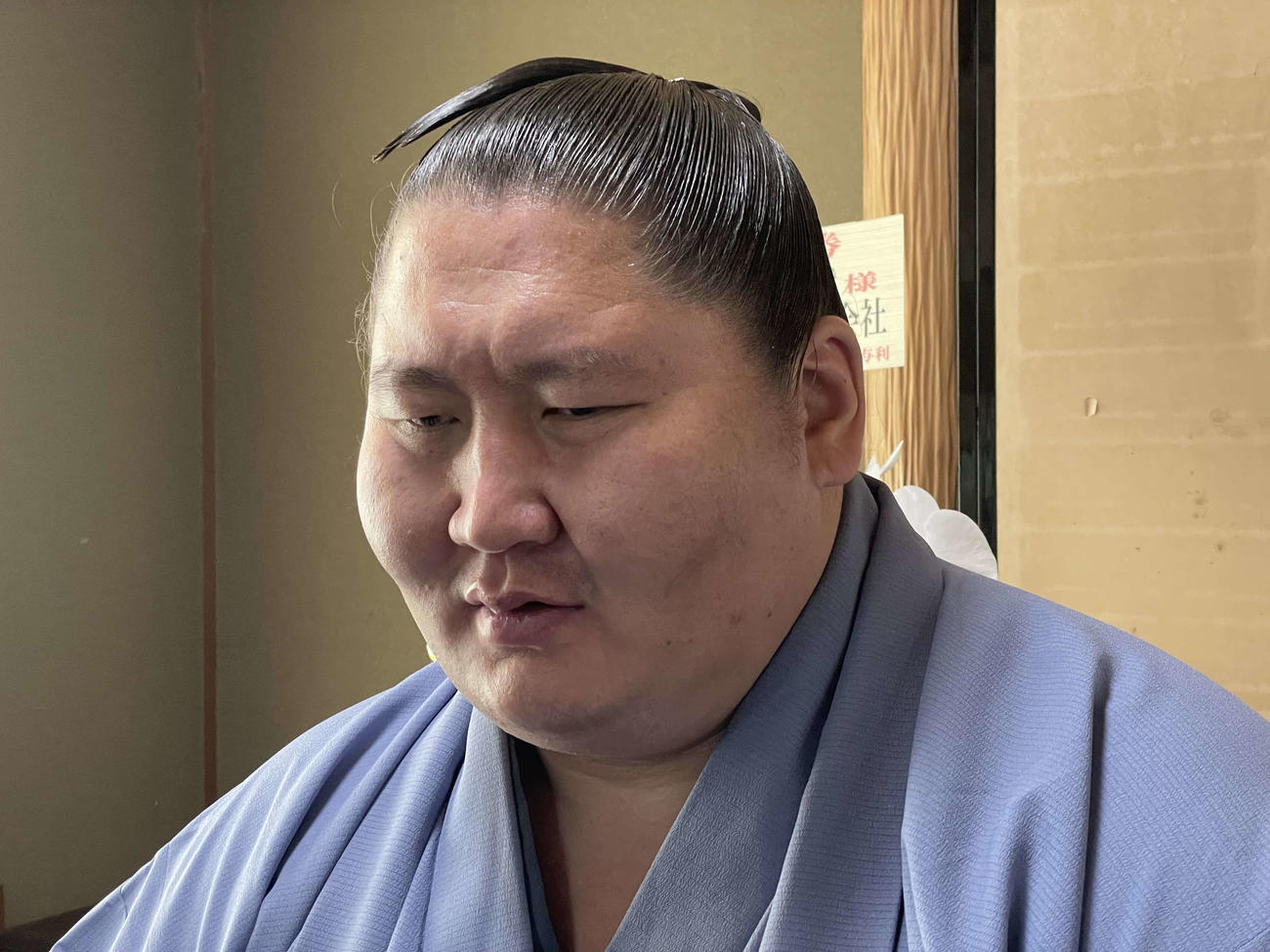 初優勝から一夜明けて取材に応じる逸ノ城（日本相撲協会提供）