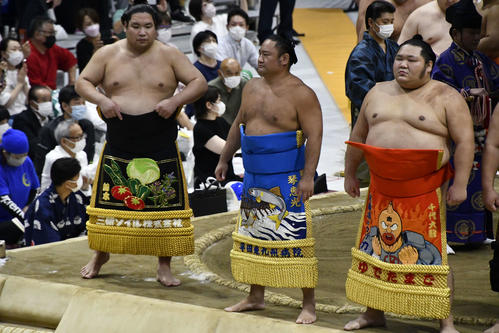 思い思いの化粧まわしを締めて土俵入りを行う力士たち（撮影・平山連）