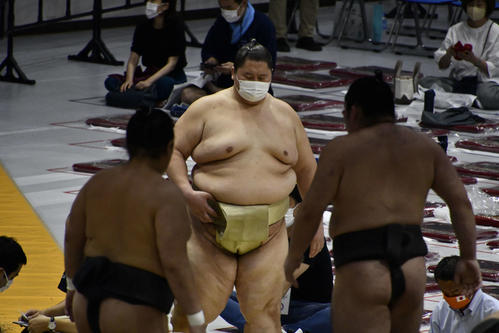 マスクを着けて土俵に姿を見せた逸ノ城（撮影・平山連）