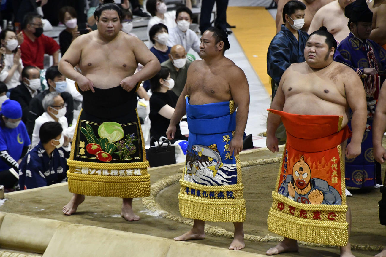 思い思いの化粧まわしを締めて土俵入りを行う力士たち（撮影・平山連）