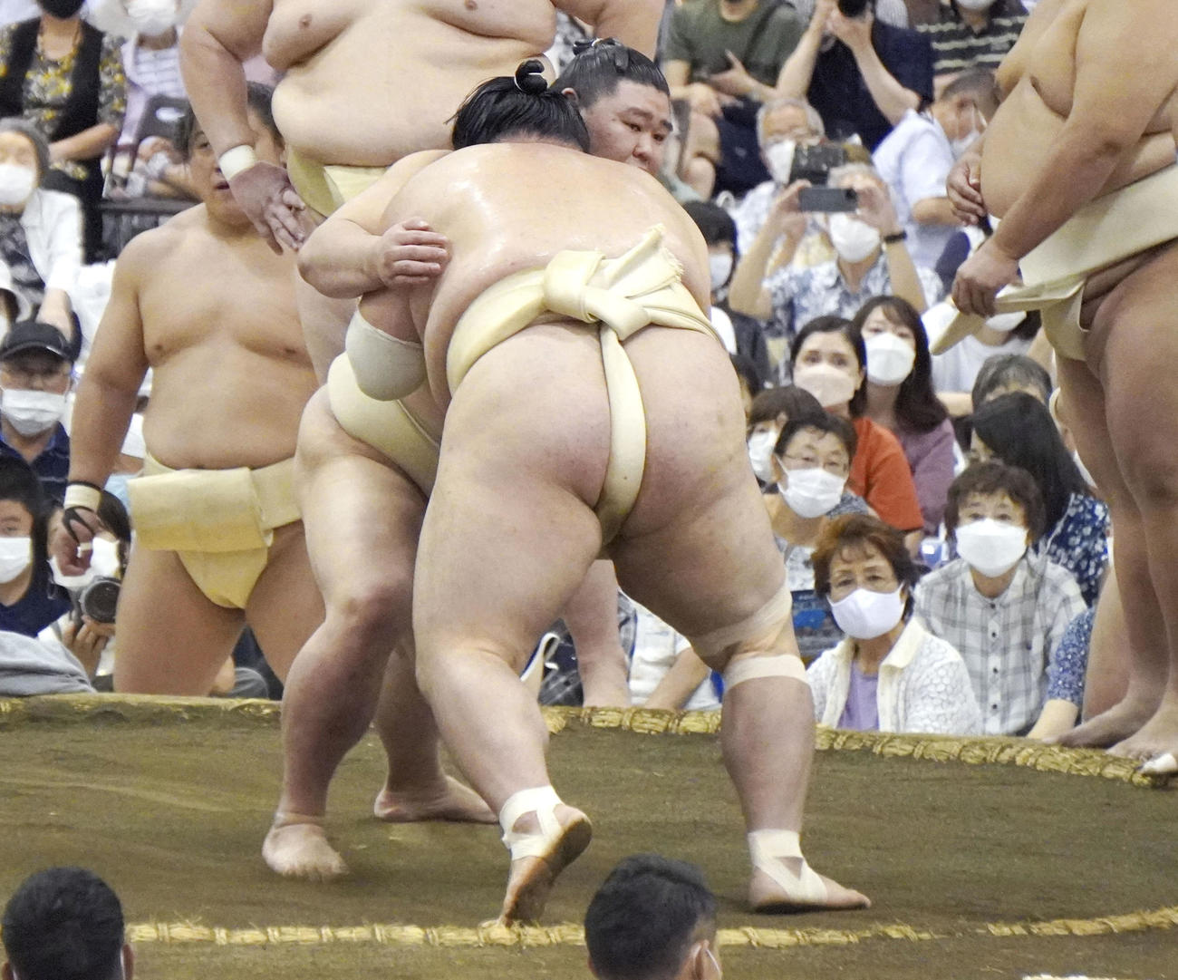 夏巡業のぶつかり稽古で胸を出す正代（奥）（共同）