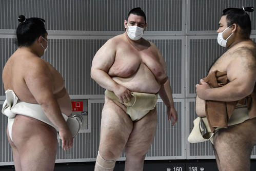 新型コロナウイルス関連で夏巡業初日、2日目と休場していた碧山（中央）3日目に姿を見せた（撮影・平山連）