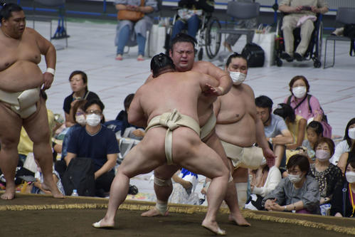 申し合い稽古で正代の攻めを必死に耐える貴景勝（撮影・平山連）