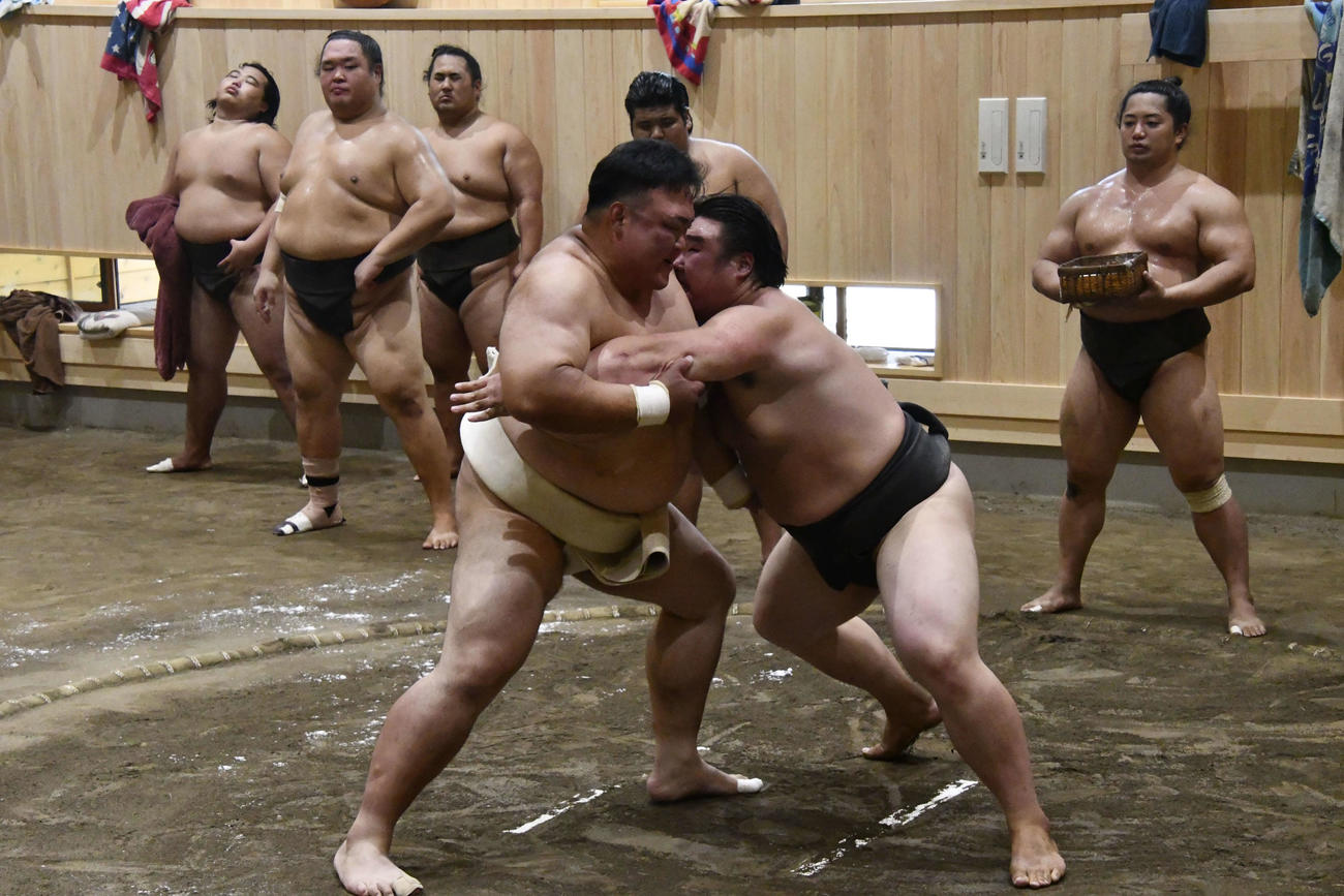 高橋と相撲を取る二所ノ関親方（撮影・平山連）