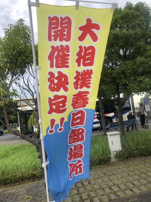 春日部市内での大相撲の夏巡業開催を告げるのぼり旗（撮影・平山連）