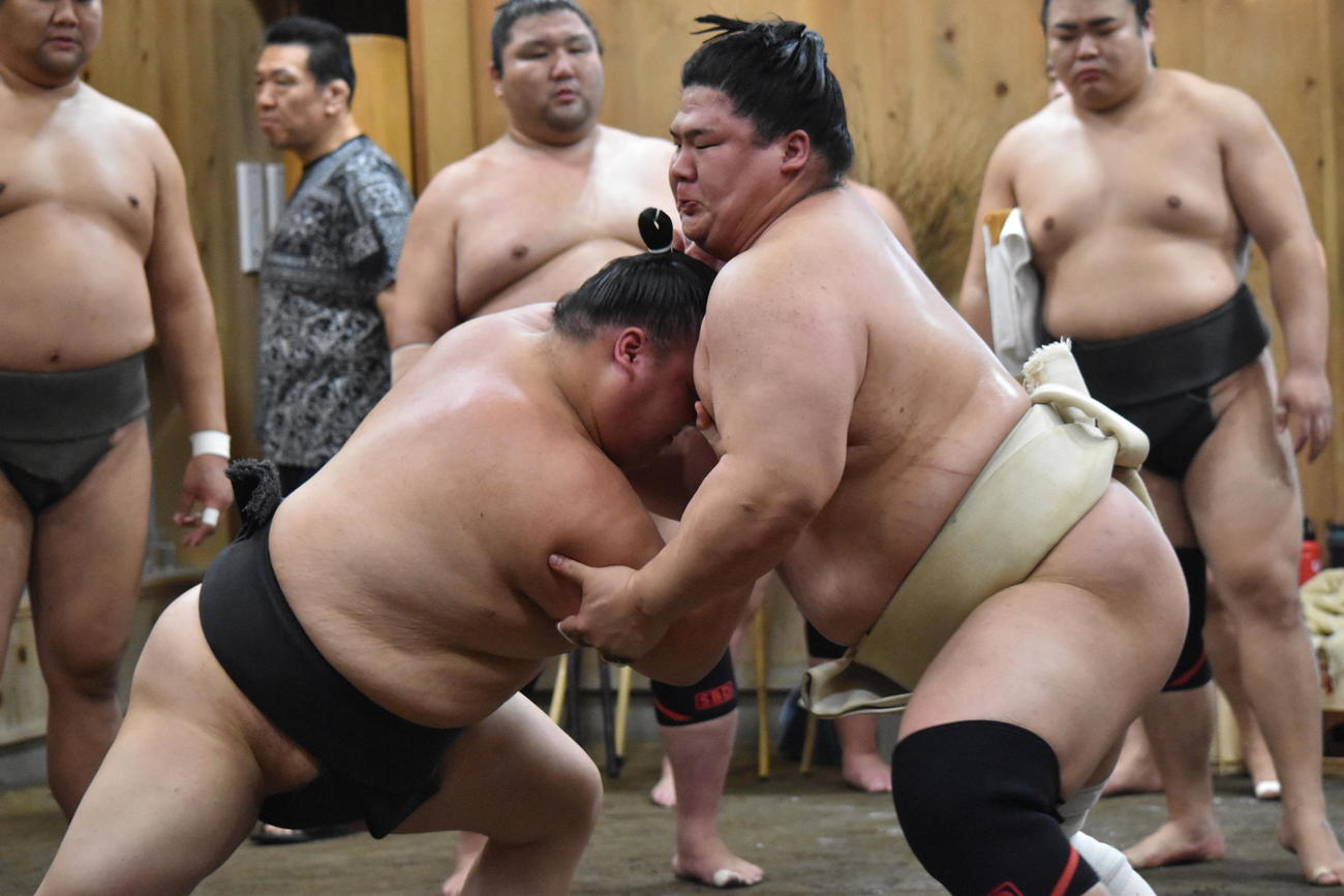 申し合い稽古に参加して相撲を取る宇良（右）