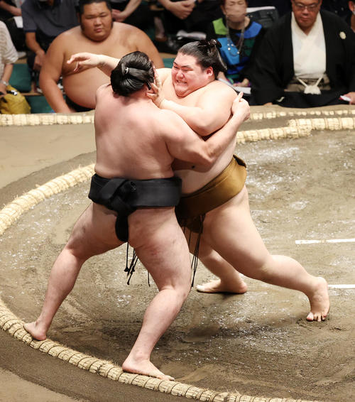 竜電（左）を押し倒しで破る王鵬（撮影・鈴木正人）