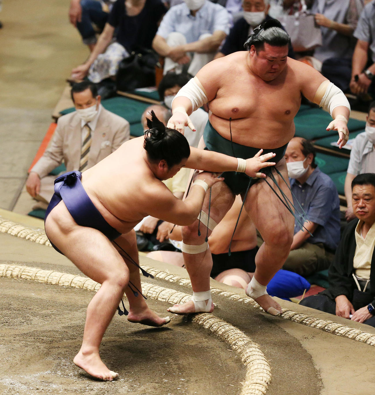平戸海（左）は押し出しで豊山を破る（撮影・宮地輝）