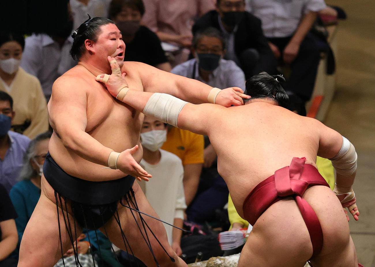 正代（左）を押し出しで破る大栄翔（撮影・野上伸悟）
