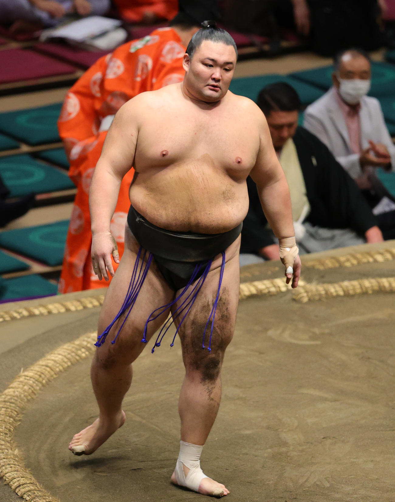 湘南乃海を寄り切りで破った朝乃山（撮影・野上伸悟）