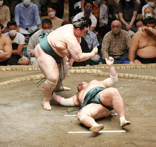 碧山（左）はたたき込みで豊山を破る（撮影・宮地輝）