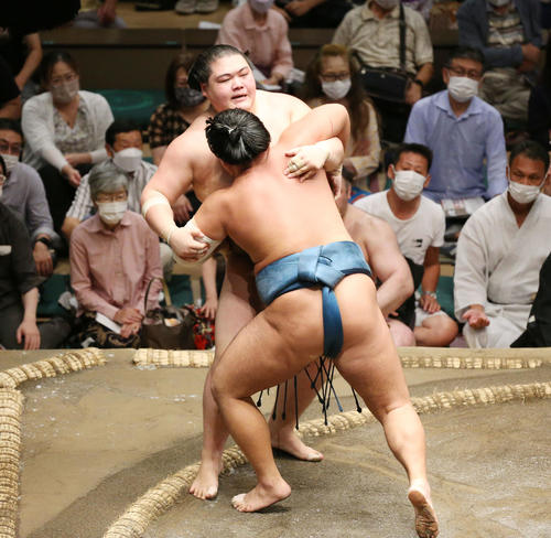 王鵬（後方）は寄り切りで錦富士に敗れる（撮影・宮地輝）