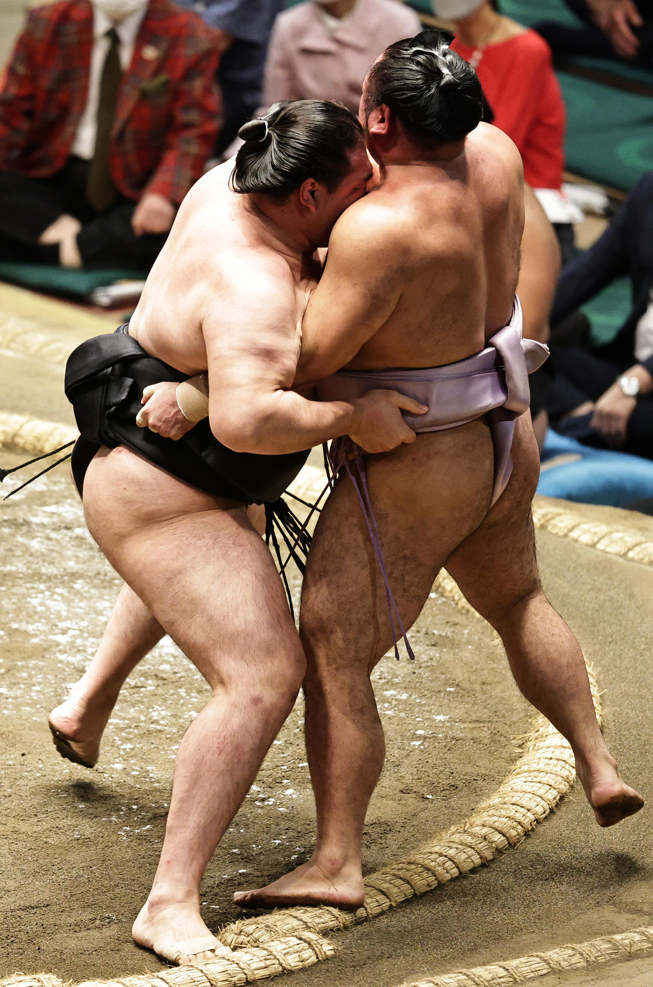 琴恵光（右）を寄り切りで破る竜電（撮影・中島郁夫）