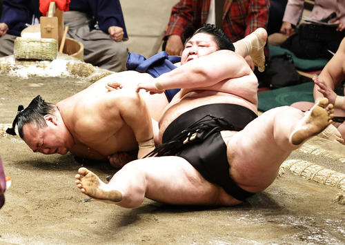 宝富士（左）を突き落としで破る剣翔（撮影・中島郁夫）