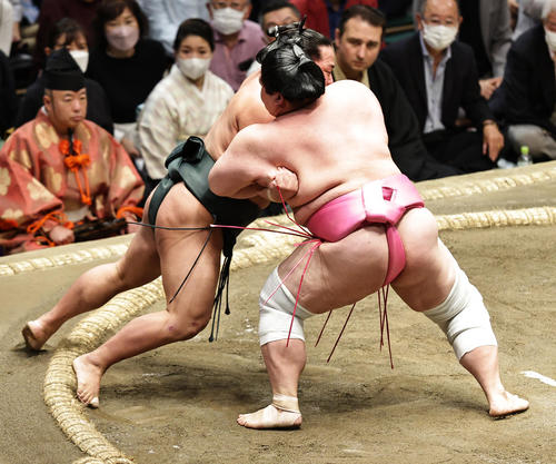 翠富士（左）をきめ出しで破る宇良（撮影・中島郁夫）