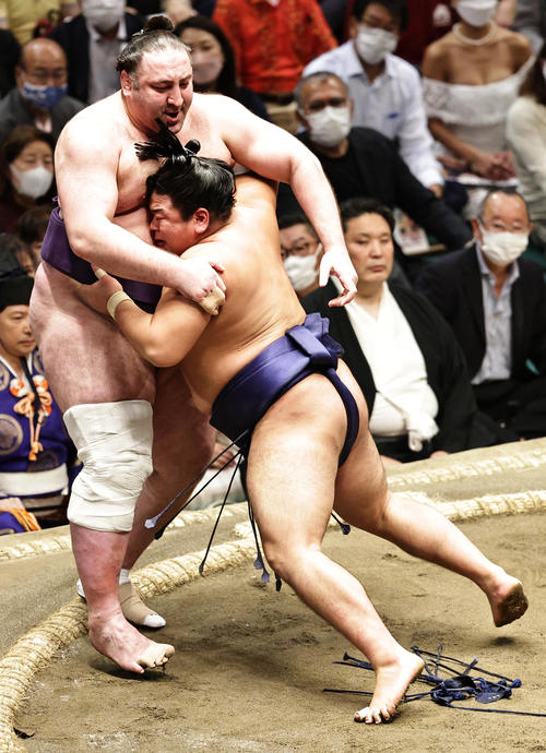 栃ノ心（左）を寄り切りで破る平戸海（撮影・中島郁夫）