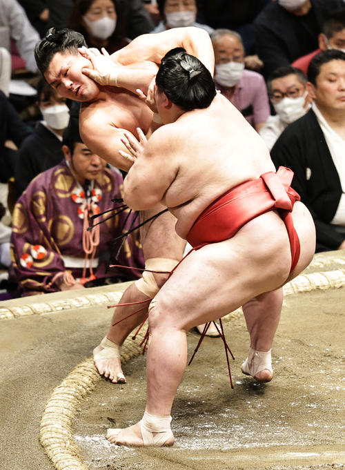 照強（左）を押し出しで破る阿武咲（撮影・中島郁夫）
