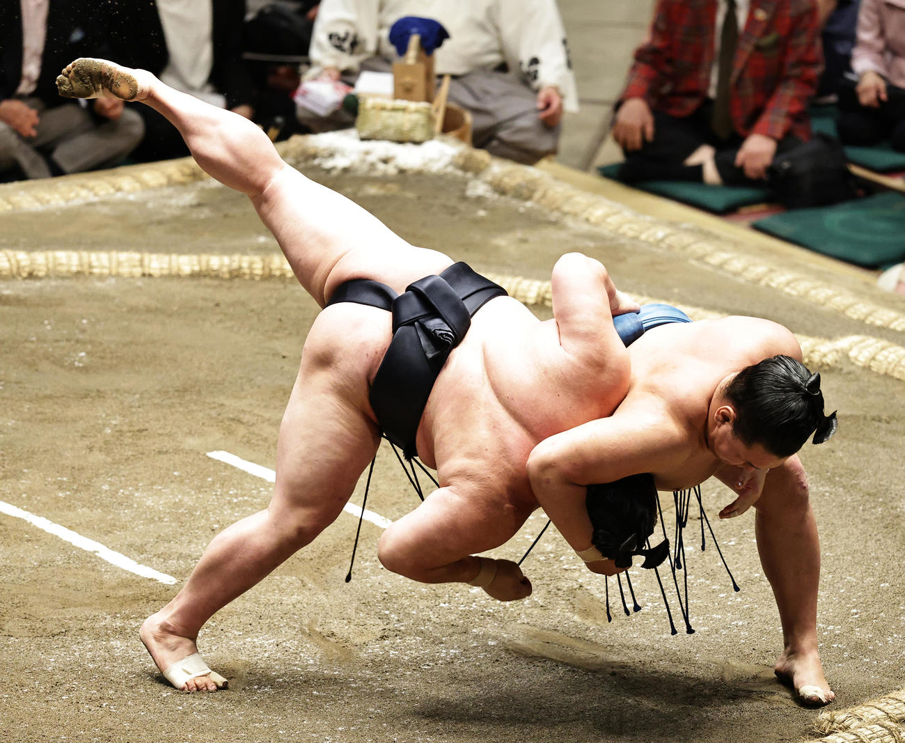 正代（左）を首投げで破る豊昇龍（撮影・中島郁夫）