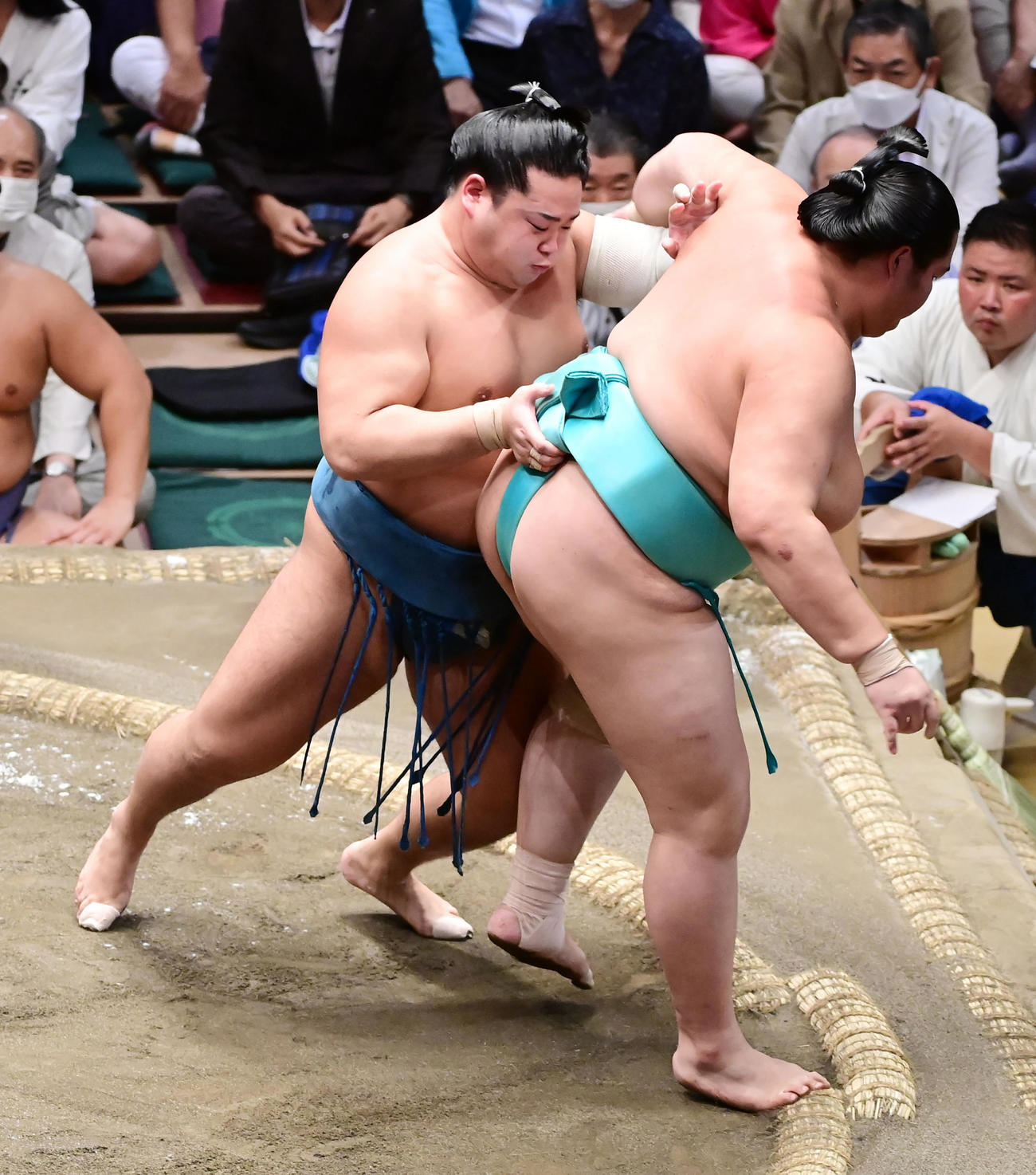 錦富士（左）は琴ノ若を送り出しで破る（撮影・小沢裕）