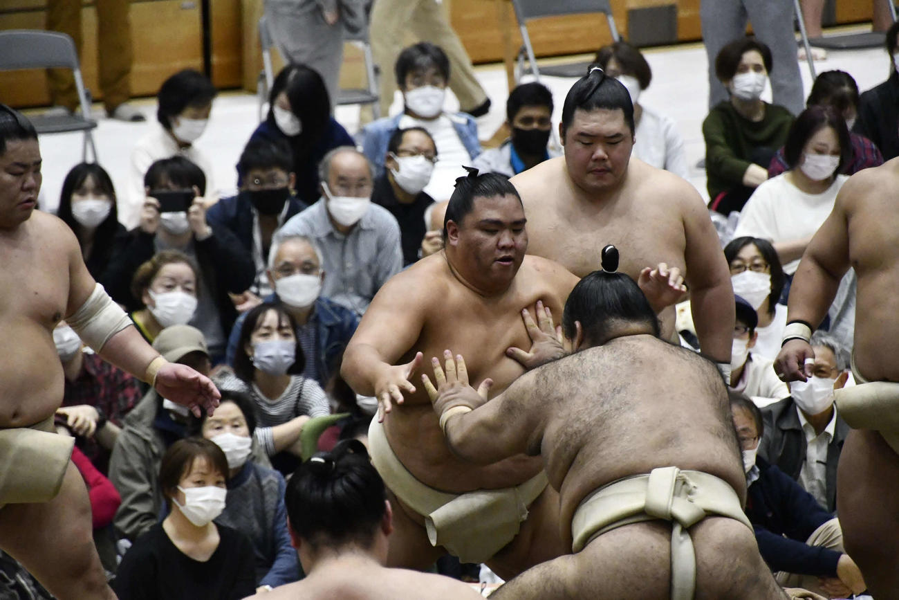 高安と申し合い稽古を行う御嶽海（撮影・平山連）