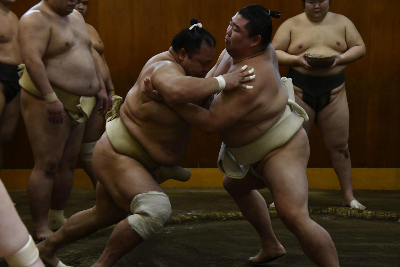 申し合い稽古を行う北勝富士（左）と正代（撮影・平山連）