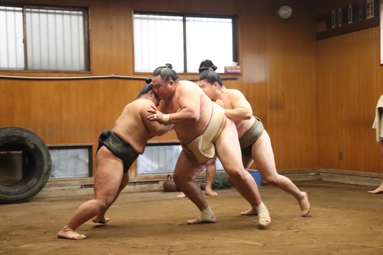 前後から若い衆に押されながらの創意工夫の稽古に汗を流す玉鷲（中央）