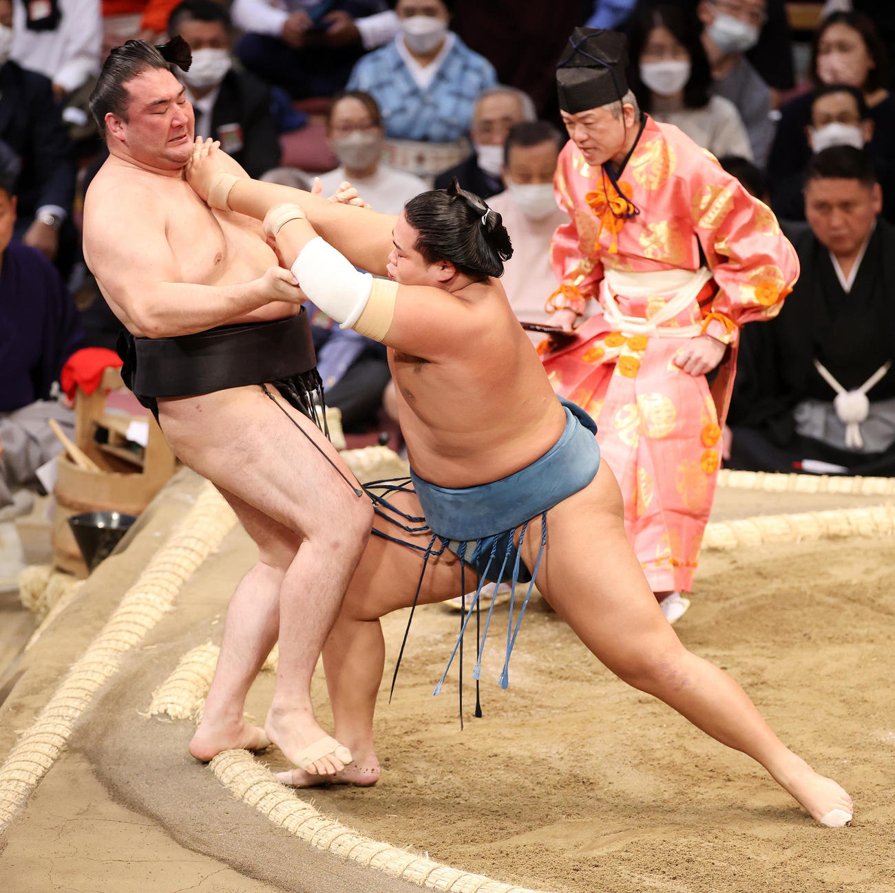竜電（左）を突き出しで破る錦富士（撮影・鈴木正人）