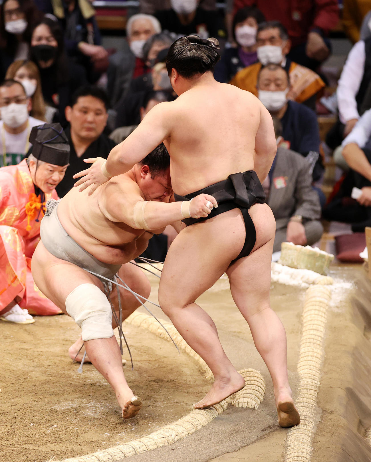 若元春（右）を寄り切りで破る北勝富士（撮影・鈴木正人）