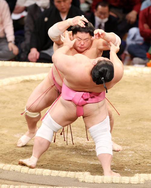 宇良（手前）を押し出しで破る大栄翔（撮影・鈴木正人）
