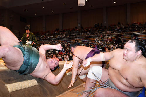 遠藤（中央）を寄り切りで破った錦木（左）は勢い余って土俵下に落ちる。右は北勝富士（撮影・岩下翔太）