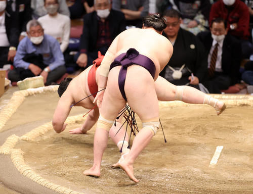 熱海富士（後方）をはたき込みで破る一山本（撮影・鈴木正人）
