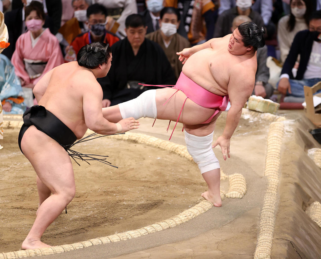 宇良（右）を押し出しで破る若元春（撮影・鈴木正人）