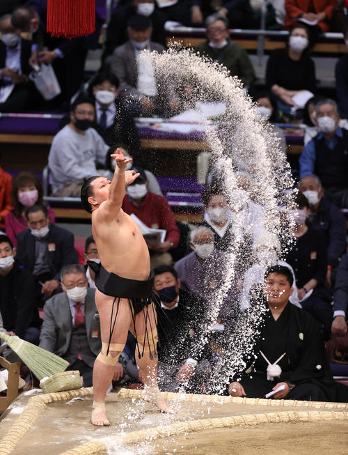 豪快に塩をまく照強(撮影・鈴木正人)
