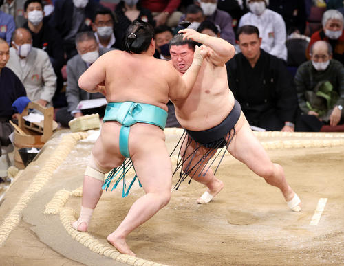 琴ノ若(左)を押し出しで破る正代(撮影・鈴木正人)