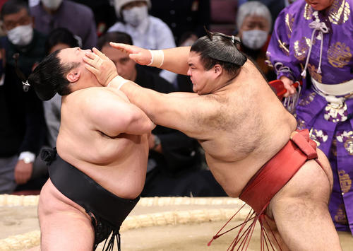 貴景勝(左)を攻める高安(撮影・鈴木正人)