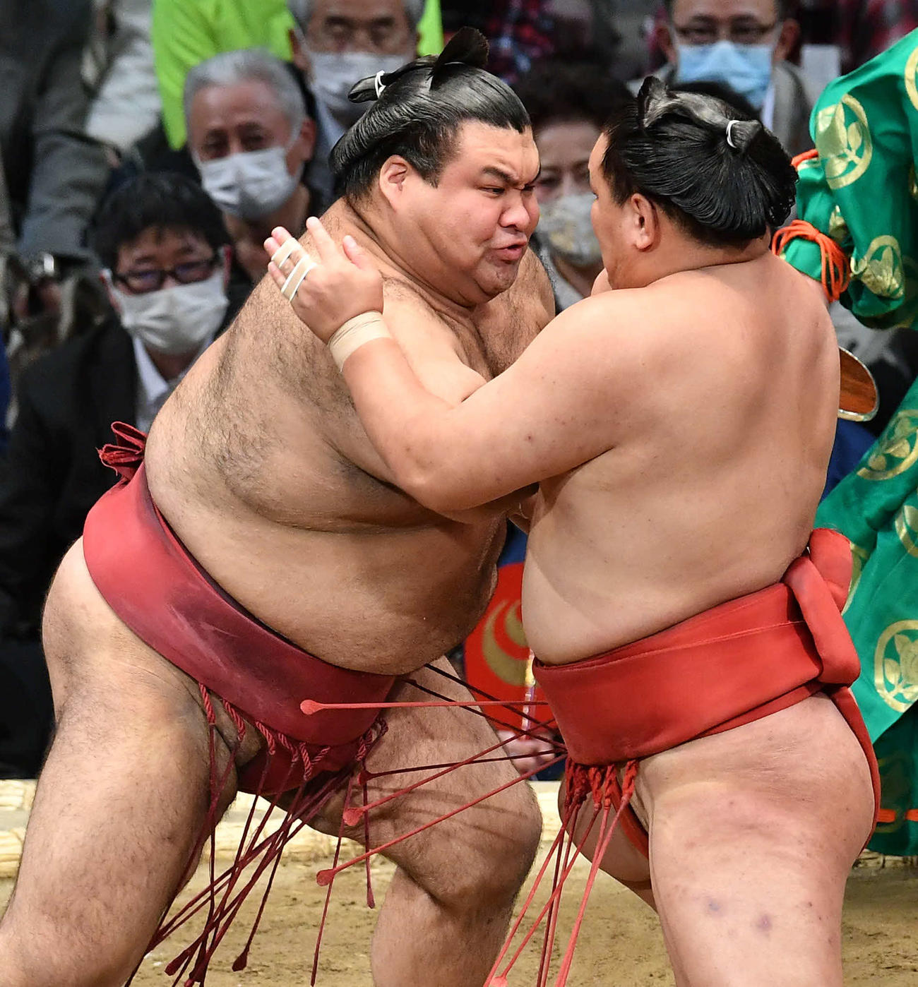 豊昇龍（右）を攻める高安（撮影・岩下翔太）