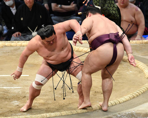 妙義龍（左）は遠藤を送り出しで破る（撮影・岩下翔太）