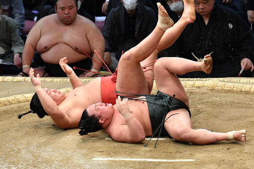 翠富士（右）をかわず掛けで破った豊昇龍（撮影・岩下翔太）