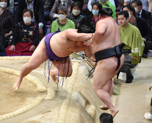 明生（左）は正代を寄り切りで破る（撮影・岩下翔太）